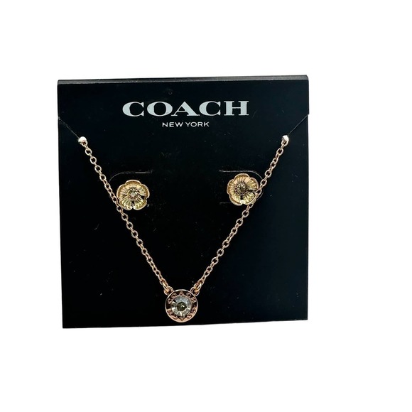 NWT COACH Signature Rose Gold Tone Floral Earrings Studs and Necklace Set - Picture 4 of 5
